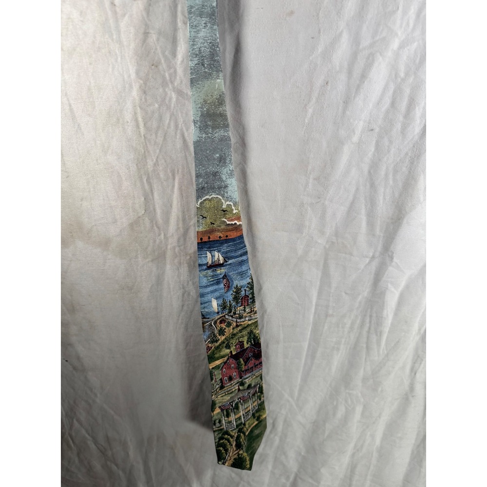 Americana Series Village Green 1905 Silk Tie Mens Scenic Landscape USA Made